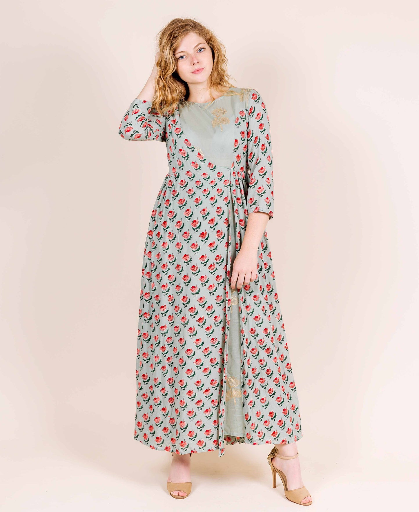 Round Neck Dusty Mint with Red and Peach Print Indo Western Gown