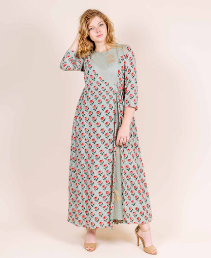 Round Neck Dusty Mint with Red and Peach Print Indo Western Gown
