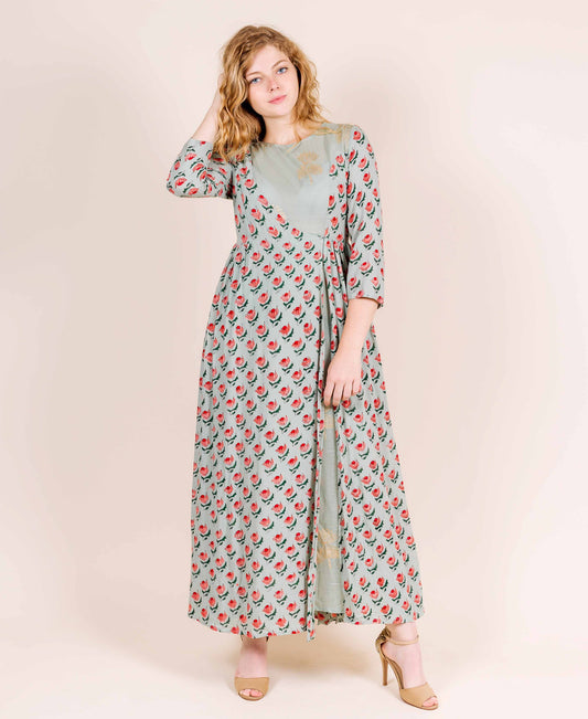 Round Neck Dusty Mint with Red and Peach Print Indo Western Gown