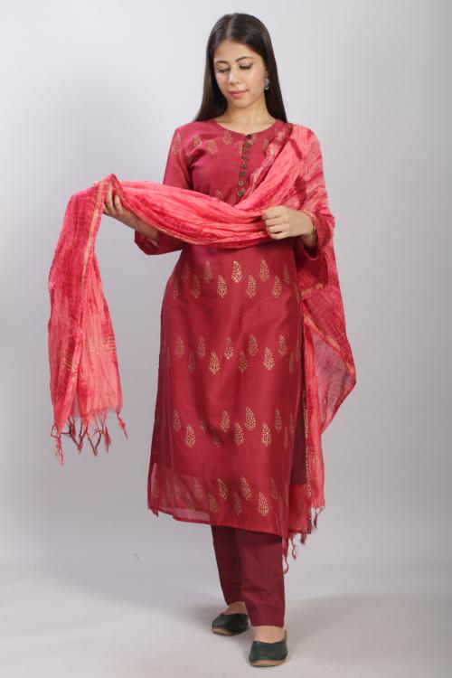Pigment Handblock Print Chanderi Kurti with Dupatta and pant-3