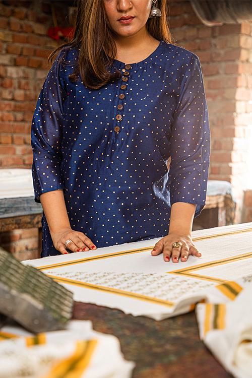 Pigment Handblock Print Chanderi Kurti-1