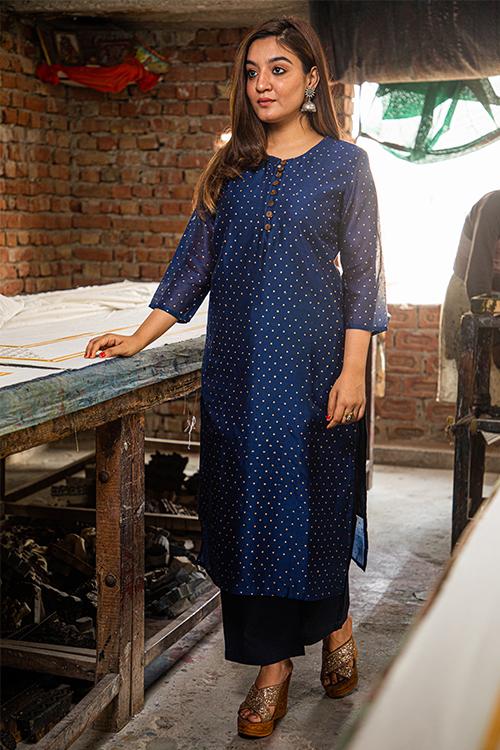 Pigment Handblock Print Chanderi Kurti-1