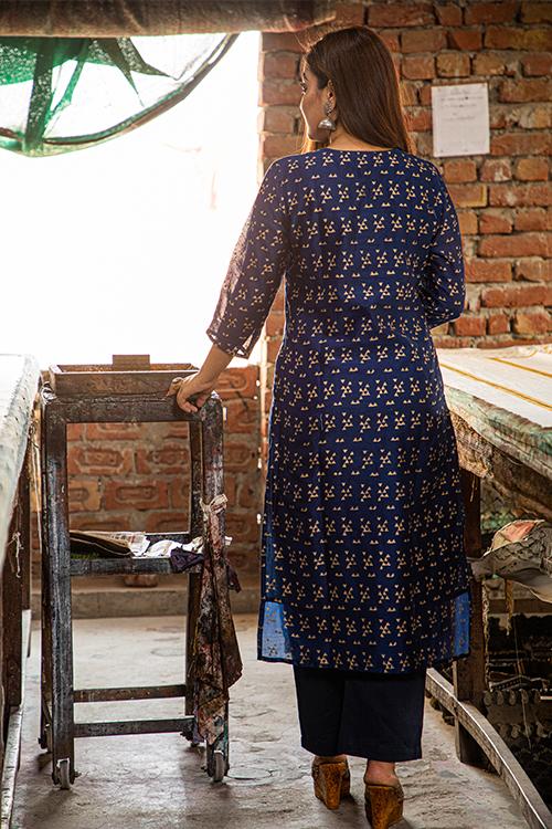 Pigment Handblock Print Chanderi Kurti-15