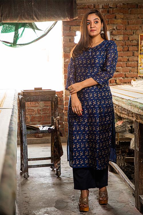 Pigment Handblock Print Chanderi Kurti-15