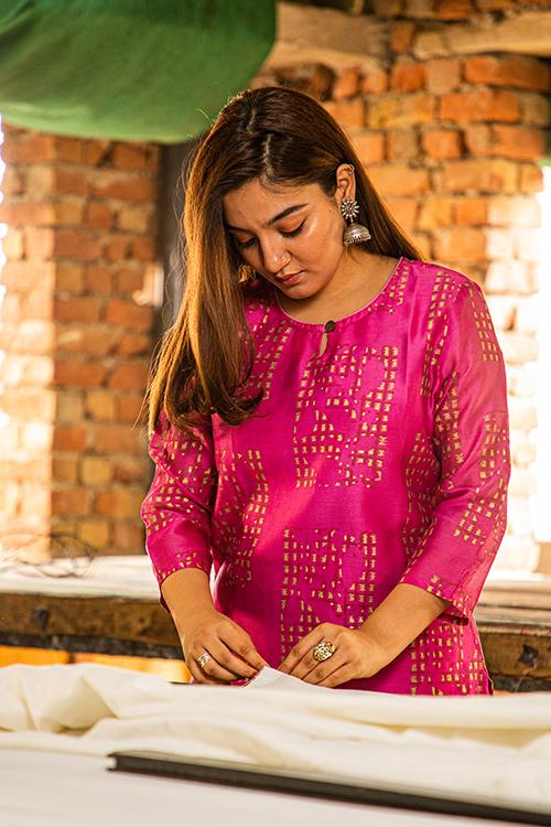 Pigment Handblock Print Chanderi Kurti-16