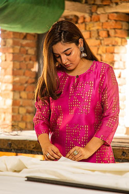 Pigment Handblock Print Chanderi Kurti-16