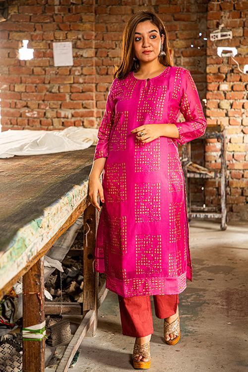 Pigment Handblock Print Chanderi Kurti-16