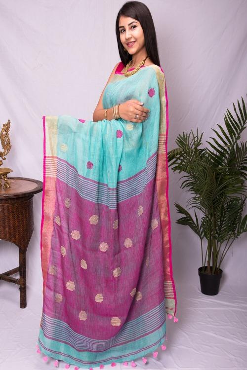 Elegance in Linen. Pure Handwoven Linen Saree with  Zari Border (With Blouse Piece)