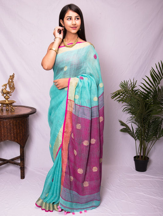 Elegance in Linen. Pure Handwoven Linen Saree with  Zari Border (With Blouse Piece)