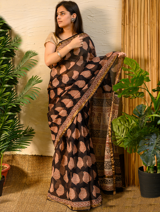 Bagru Block Printed Kota Doria Saree (With Blouse) - Black Leaf print