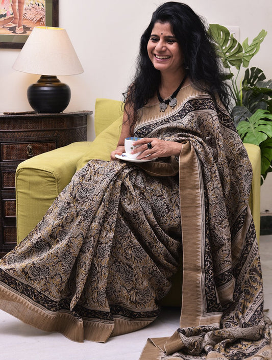 Elegant in Beige & Black. Fine, Soft Block Printed Chanderi Saree (With Blouse Piece)