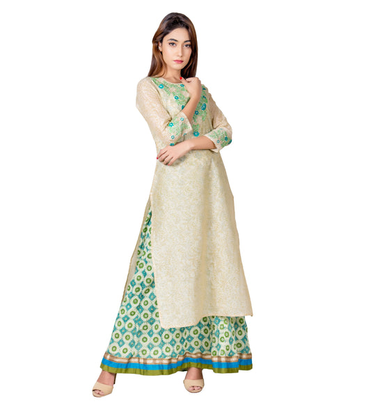 Beige Green Embroidered Chanderi Kurta Dress