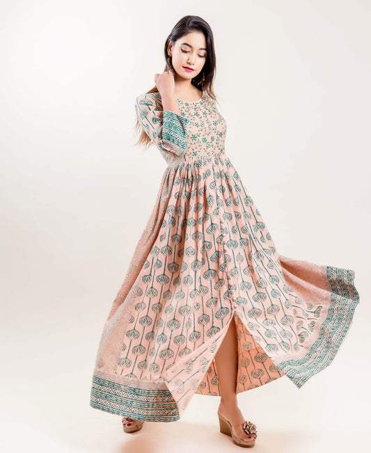 Embroidered Cotton Printed Long Indo Western Style Anarkali  Dress