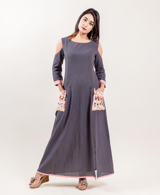 Embroidered Cotton Cold Shoulder Long Gown Dress