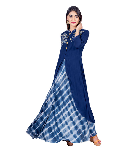 Trail Cut Mandarin Collar Embroidered Indo Western Dress