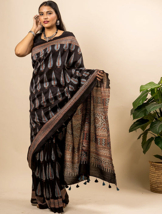 Exclusive Ajrakh Block Printed Chanderi Saree (With Blouse Piece)