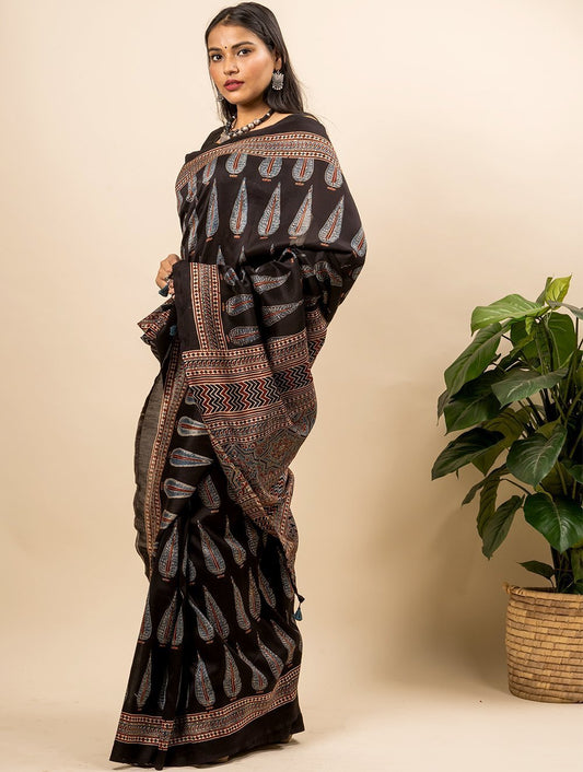 Exclusive Ajrakh Block Printed Chanderi Saree (With Blouse Piece)