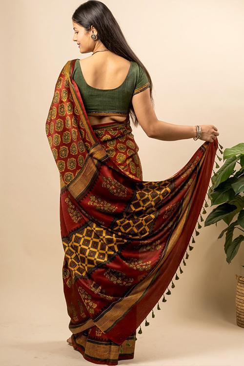 Exclusive & Elegant Pure Gaji Silk Ajrakh Block Printed Saree (With Blouse Piece)