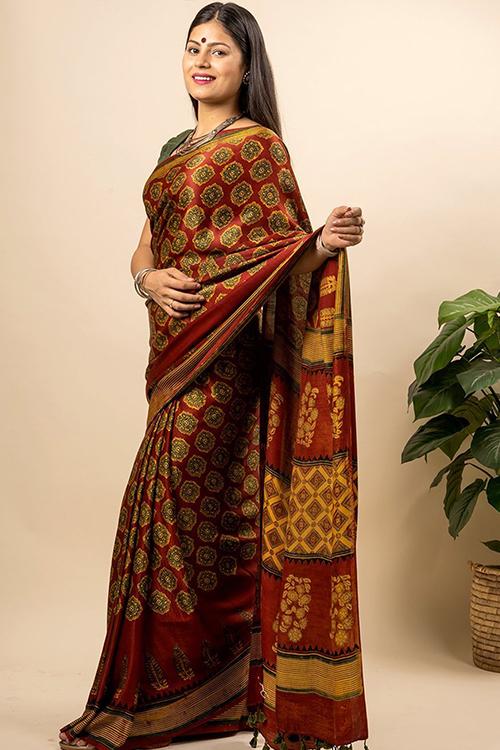Exclusive & Elegant Pure Gaji Silk Ajrakh Block Printed Saree (With Blouse Piece)