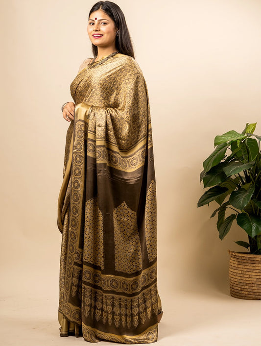 Exclusive & Elegant Pure Sumo Silk Ajrakh Block Printed Saree (With Blouse Piece)