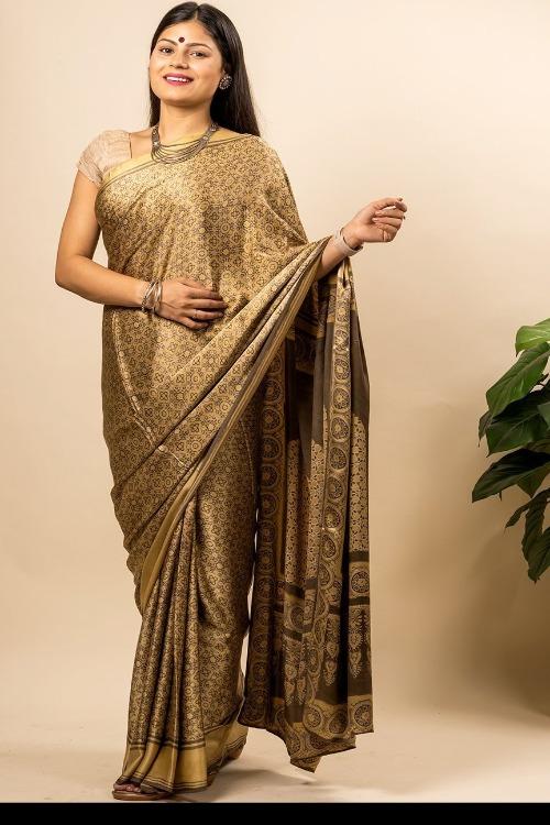 Exclusive & Elegant Pure Sumo Silk Ajrakh Block Printed Saree (With Blouse Piece)