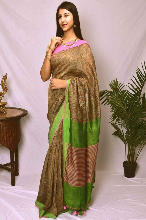 Flowing & Graceful. Pure Handwoven Linen Saree (With Blouse Piece)