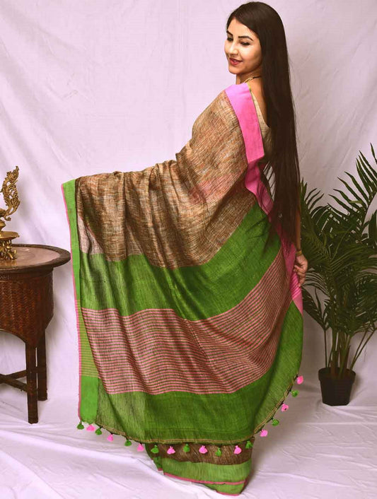Flowing & Graceful. Pure Handwoven Linen Saree (With Blouse Piece)