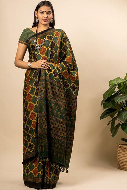 Flowing & Graceful Ajrakh Block Printed Modal Silk Saree (With Blouse Piece)