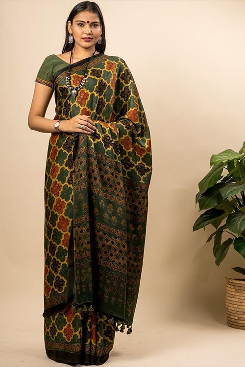 Flowing & Graceful Ajrakh Block Printed Modal Silk Saree (With Blouse Piece)