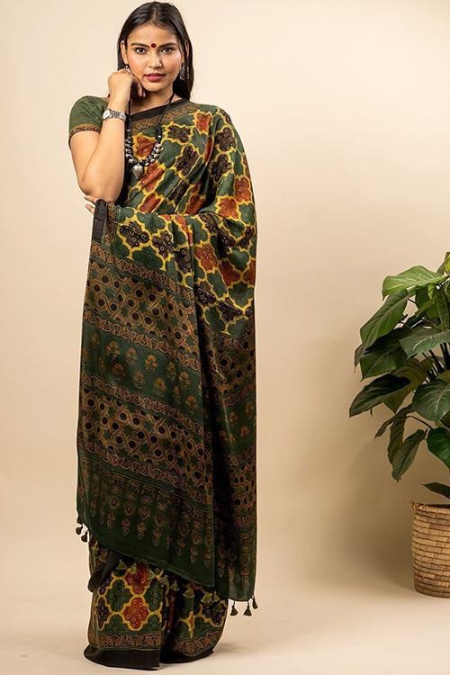 Flowing & Graceful Ajrakh Block Printed Modal Silk Saree (With Blouse Piece)