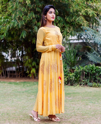 Yellow and Golden Rayon Long Anarkali Dress