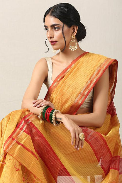 Handweave Maheshwari Handloom Silk Cotton Saree Col-Mustard, Blouse Colour- Red.