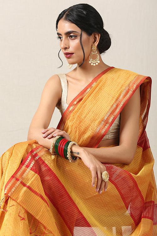 Handweave Maheshwari Handloom Silk Cotton Saree Col-Mustard, Blouse Colour- Red.