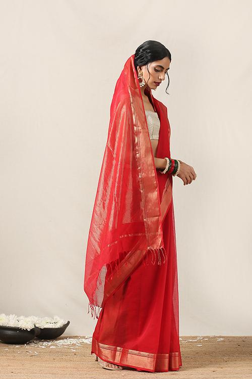 Handweave Maheshwari Handloom Silk Cotton Saree Col- Red, Blouse Colour -Red