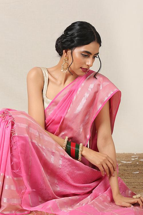 Handweave Maheshwari Handloom Silk Cotton Saree Col-Pink , Blouse Colour -Pink.