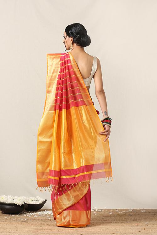Handweave Maheshwari Handloom Silk Cotton Saree Col- Dark Pink & Yellow, Blouse Colour -Yellow.