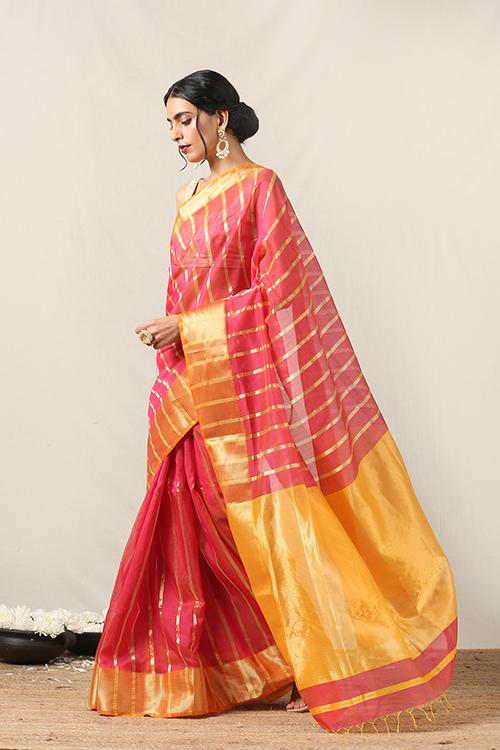 Handweave Maheshwari Handloom Silk Cotton Saree Col- Dark Pink & Yellow, Blouse Colour -Yellow.
