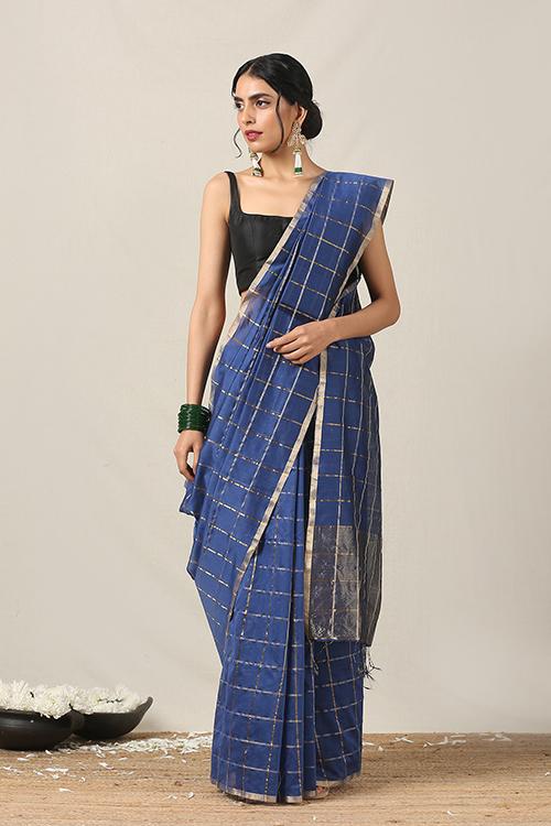 Handweave Maheshwari Handloom Silk Cotton Saree Col-Blue, Blouse Colour -Blue.