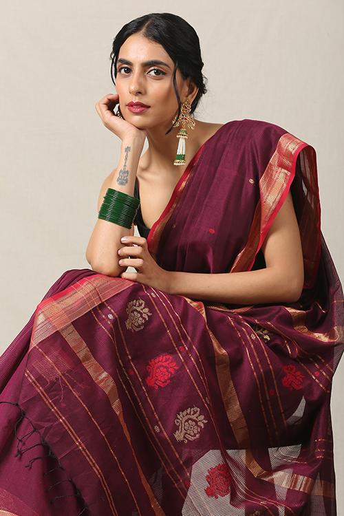Handweave Maheshwari Handloom Silk Cotton Saree Col-Purple with Red& Gold motifs , Blouse Colour -Red.