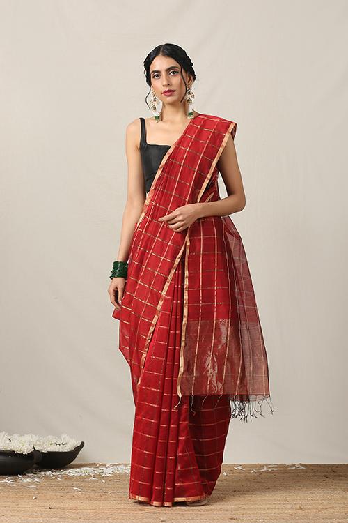 Handweave Maheshwari Handloom  Silk Cotton Saree Col- Red,  Blouse Colour -Red.