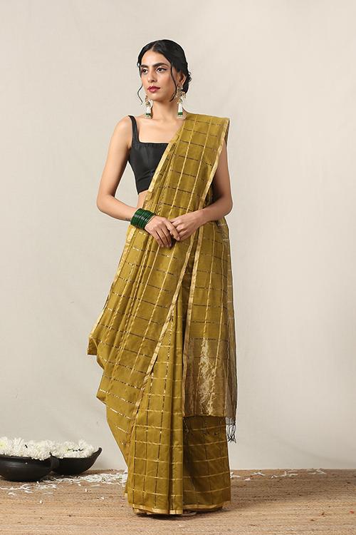 Handweave Maheshwari Handloom Silk Cotton Saree Col-D.Fwan with Zari, Blouse Colour Fawn.