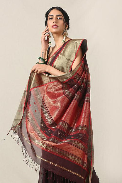 Handweave Maheshwari Handloom Silk Cotton Saree Col-Aubergine with Zari , Blouse Colour -Dark Red.