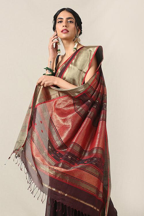 Handweave Maheshwari Handloom Silk Cotton Saree Col-Aubergine with Zari , Blouse Colour -Dark Red.