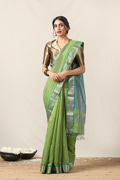 Handweave Maheshwari Handloom Half Tissue Col-Green & Blue Saree, Blouse Colour Sea Green.