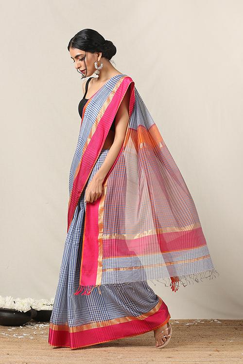 Handweave Maheshwari Handloom Silk Cotton Col-Check Saree , Blouse Colour Orange.