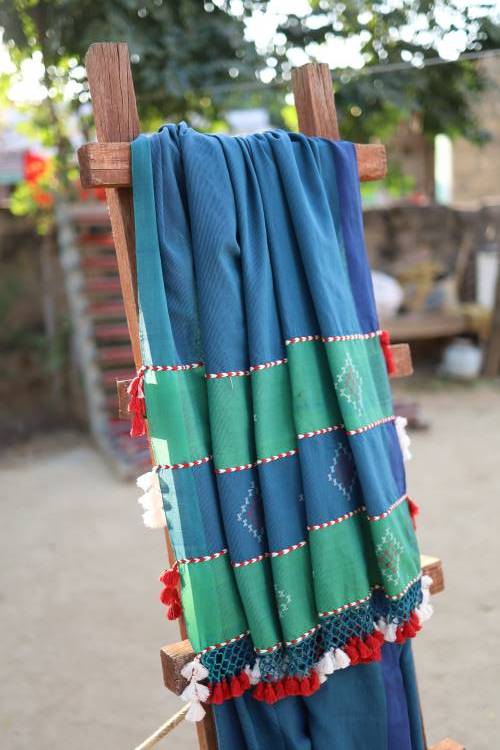 `The Kutchi Extra Weft Weaving Cotton Saree Colour - Blue-7