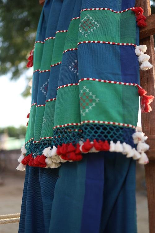 `The Kutchi Extra Weft Weaving Cotton Saree Colour - Blue-7
