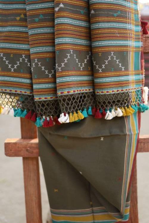 `The Kutchi Extra Weft Weaving Cotton Saree Colour - Capulate Olive-8
