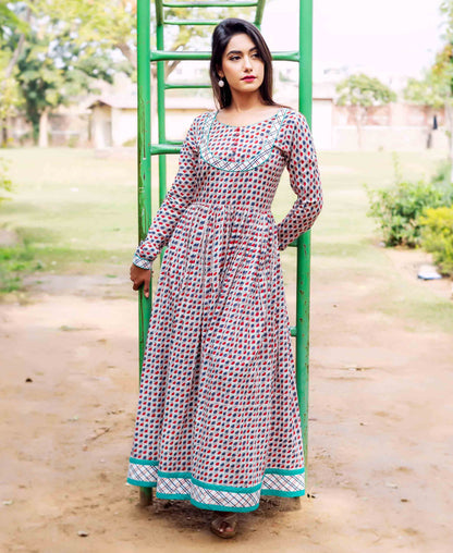 Hand Block Printed Anarkali Dress with Full Churidaar Sleeves