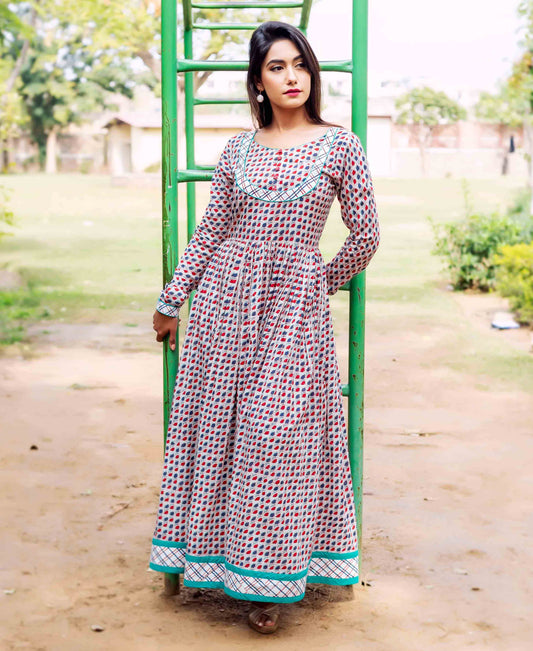 Hand Block Printed Anarkali Dress with Full Churidaar Sleeves